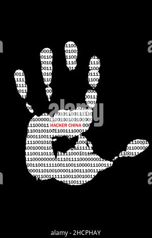 Print left palm hand with binary code and inscription hacker China.Concept information warfare Stock Photo
