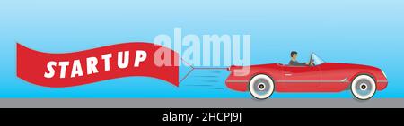 Man driving red sportcar. Banner with text STARTUP. Vector illustration. EPS10. Stock Vector