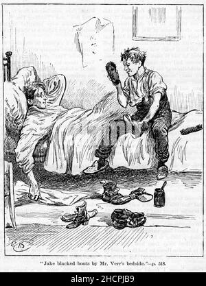 Engraving of a boy polishing his boots on the bed while talking to his friend, published 1892 Stock Photo