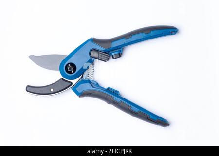A pair of secateurs on a white background Stock Photo