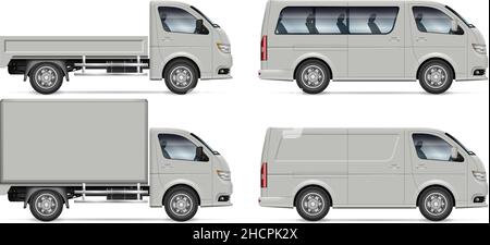Trucks and vans vector mock-up. Side view of cargo vehicles on white for vehicle branding, advertising, corporate identity. Stock Vector