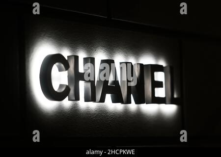 Moscow, Russia, 2021 - Chanel logo on black paper bags with