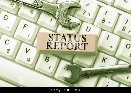 Hand writing sign Status Report. Word Written on Update Summary of situations as of a period of time Typing Cooking Lesson Guidebook, Retyping New Stock Photo