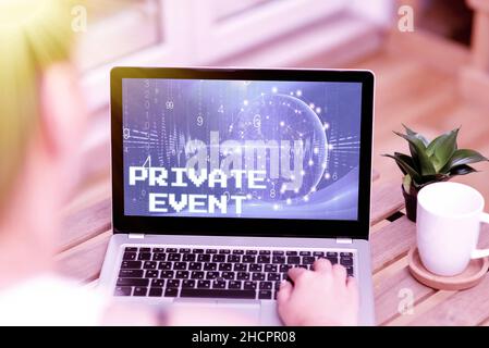 Text caption presenting Private Event. Business idea Exclusive Reservations RSVP Invitational Seated Woman Typing On Laptop Beside Coffe Mug And Plant Stock Photo