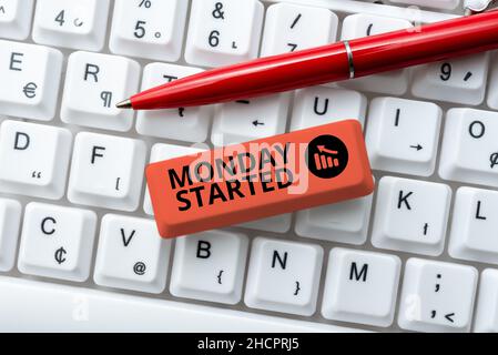 Conceptual caption Monday Started. Word Written on getting ready for new week Rest is over lets begin work Connecting With Online Friends, Making Stock Photo