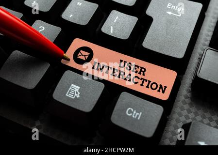 Text caption presenting User Interaction. Business overview how the customer acts on the system and vice versa Developing New Antivirus Program Codes Stock Photo