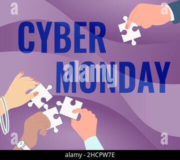 Conceptual caption Cyber Monday. Business concept a day where ecommerce websites offer a special deal for buyers Illustration Of Hands Holding Jigsaw Stock Photo