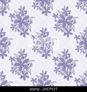 Jasmine floral bouquet seamless vector pattern background. Line art hand drawn groups of flowers, leaves with dotted diamond shaped frames. Periwinkle Stock Vector