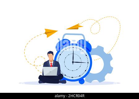 Vector of a sitting businessman working on laptop on a big clock background Stock Vector