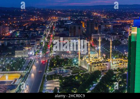 Night aerial view of Akhmad Kadyrov Mosque officially known as The Heart of Chechnya in Grozny, Russia Stock Photo