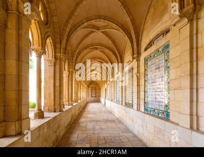 Jerusalem, Israel - October 13, 2017: Cloisters of Church of the Pater Noster - Sanctuary of Eleona in Carmelite monastery on Mount of Olives Stock Photo