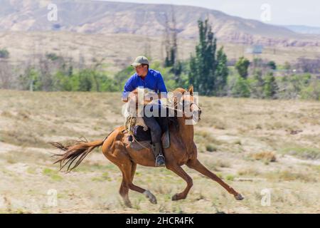 ISSYK KUL, KYRGYZSTAN - JULY 15, 2018: Player of kok boru, traditional horse game, with a goat carcass at the Ethnofestival Teskey Jeek at the coast o Stock Photo