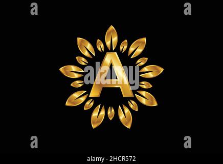 Initial A monogram letter alphabet with golden leaf wreath. Flower logo design concept Stock Vector