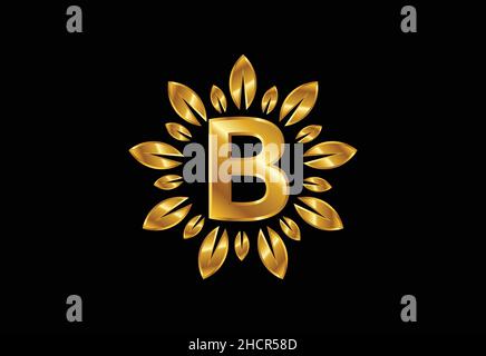 Initial B monogram letter alphabet with golden leaf wreath. Flower logo design concept Stock Vector