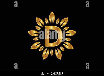 Initial D monogram letter alphabet with golden leaf wreath. Flower logo design concept Stock Vector