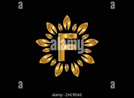 Initial F monogram letter alphabet with golden leaf wreath. Flower logo design concept Stock Vector
