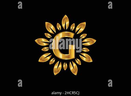 Initial G monogram letter alphabet with golden leaf wreath. Flower logo design concept Stock Vector