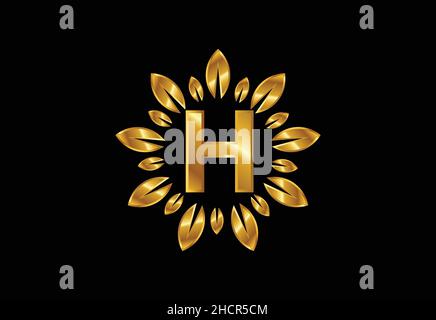 Initial H monogram letter alphabet with golden leaf wreath. Flower logo design concept Stock Vector