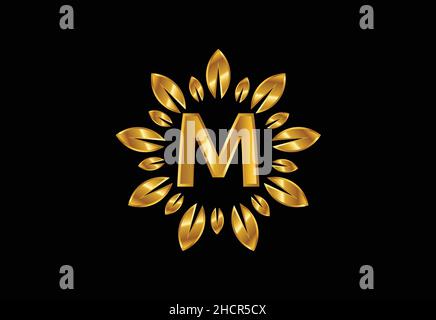 Initial M monogram letter alphabet with golden leaf wreath. Flower logo design concept Stock Vector