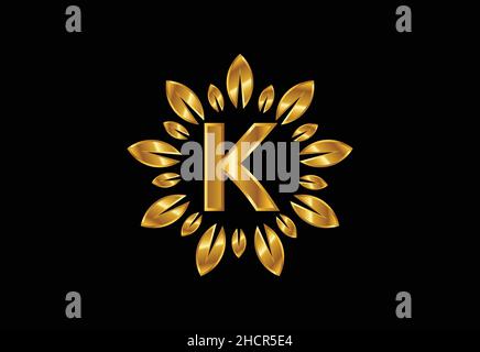 Initial K monogram letter alphabet with golden leaf wreath. Flower logo design concept Stock Vector