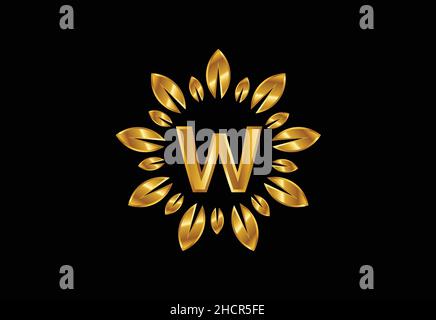 Initial W monogram letter alphabet with golden leaf wreath. Flower logo design concept Stock Vector