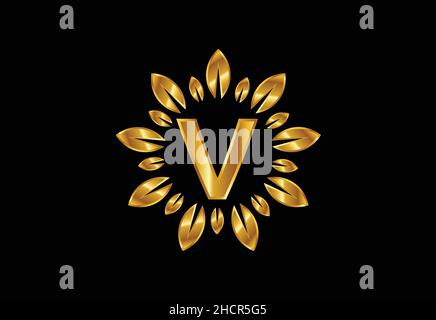 Initial V monogram letter alphabet with golden leaf wreath. Flower logo design concept Stock Vector