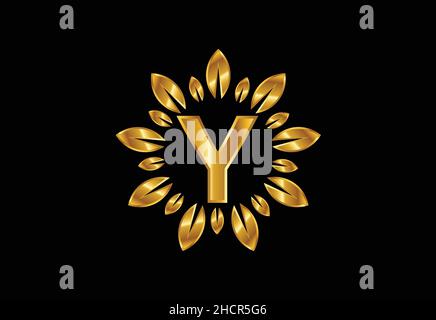 Initial Y monogram letter alphabet with golden leaf wreath. Flower logo design concept Stock Vector