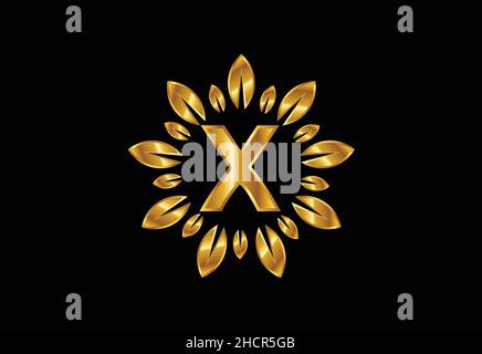 Initial X monogram letter alphabet with golden leaf wreath. Flower logo design concept Stock Vector