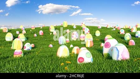 Many easter easter eggs on meadow Stock Photo