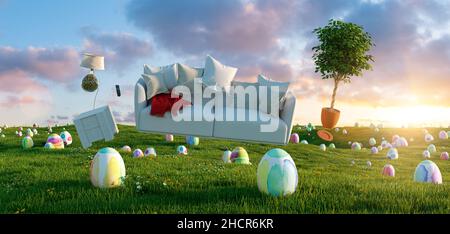 Zero Gravity Sofa hovering over many colorful painted Easter eggs on a meadow with furniture at sunset Stock Photo