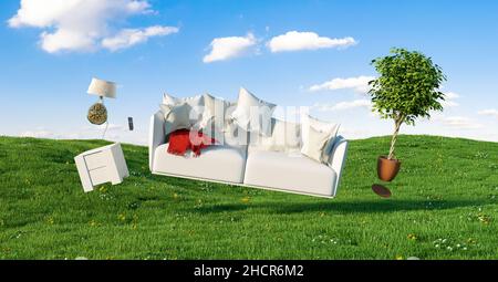 Zero Gravity Sofa hovering over a meadow with furniture and cloudy sky Stock Photo