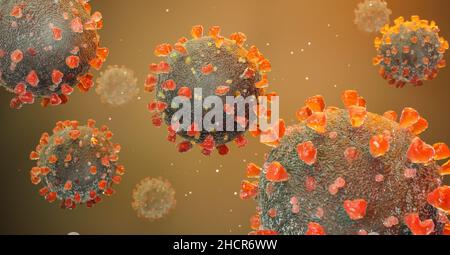 Corona virus Sars-CoV-2 - Schematic image of viruses of the Corona family. 3D rendering. Stock Photo