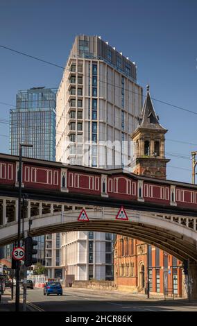 UK, England, Manchester, Castlefield, A56 Chester Road, Castle Wharf development and Deansgate south towers at Railway Viaduct Stock Photo