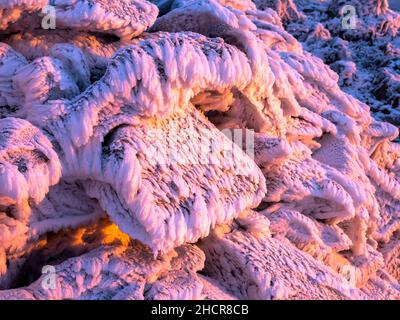 The summit of Red Screes covered by hoar frost at sunrise, Lake District UK. Stock Photo