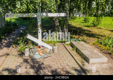 YEKATERINBURG, RUSSIA - JULY 3, 2018: Orthodox cross which marks the location of the Romanov's tsar family death in Yekaterinburg, Russia Stock Photo