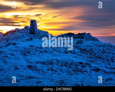 The summit of Red Screes covered by hoar frost at sunrise, Lake District UK. Stock Photo