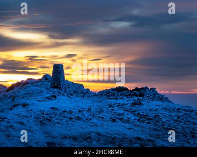 The summit of Red Screes covered by hoar frost at sunrise, Lake District UK. Stock Photo