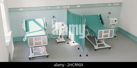 Two intensive care beds in an intensive care unit with ventilators for Covid-19 patients in the case of Stock Photo