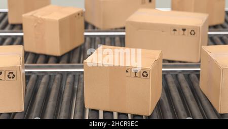 Cardboard boxes on a conveyor line, Delivery concept image Stock Photo