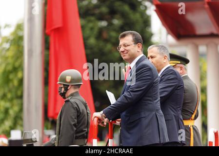 Istanbul, Turkey - October 29, 2021: Mayor of Istanbul Ekrem İmamoglu, Governor of Istanbul Ali Yerlikaya and 1st Army Commander Lieutenant General Ke Stock Photo