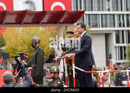 Istanbul, Turkey - October 29, 2021: Mayor of Istanbul Ekrem İmamoglu, Governor of Istanbul Ali Yerlikaya and 1st Army Commander Lieutenant General Ke Stock Photo