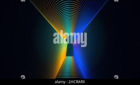 Abstract animation of neon keyhole icon forming the tunnel on black background with the light dispersion effect. Colorful frames around the key hole s Stock Photo