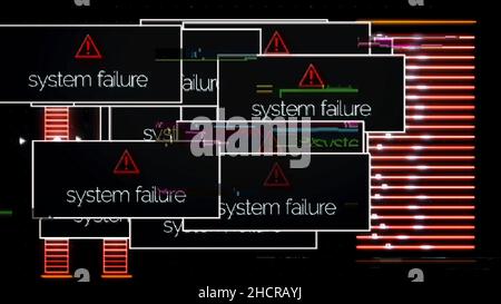 Close up for computer system crash and signal glitch on black background, monochrome. Computer screen with failure system messages. Stock Photo