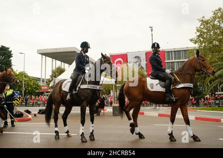 Istanbul, Turkey - October 29, 2021: Mounted police team in October 29 Republic Day. Editorial shot in Istanbul Turkey. Stock Photo