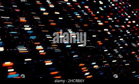 Abstract flowing rectangular particles of red, blue, and white color on black background, seamless loop. Rows of shining small figures collide and kee Stock Photo
