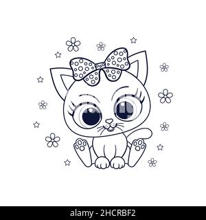 Cute little kitten with a bow. Black and white linear image. Vector Stock Vector