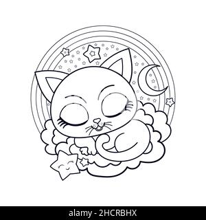 Cute kitten is sleeping on a cloud. Black and white linear illustration. Vector Stock Vector