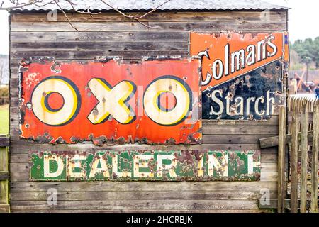 vintage enamelled metal advertising sign for Oxo cubes and Colmans starch   at Beamish Village Stock Photo