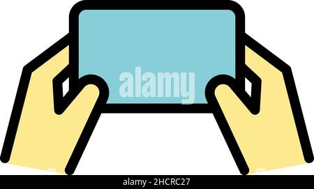 Smartphone in two hands icon. Outline smartphone in two hands vector icon color flat isolated Stock Vector