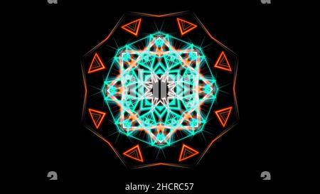 Blue and orange kaleidoscopic abstract pattern. Hypnotic motion of symmetrical figure with bended lines looking like digital flower isolated on black Stock Photo